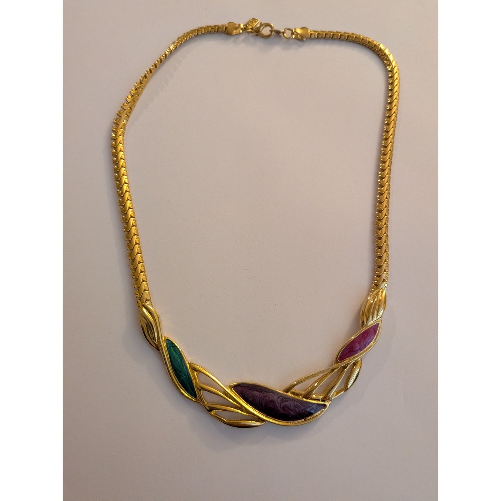 Lady Remington Vintage Gold Tone Enamel Chevron Link Collar Necklace Purple